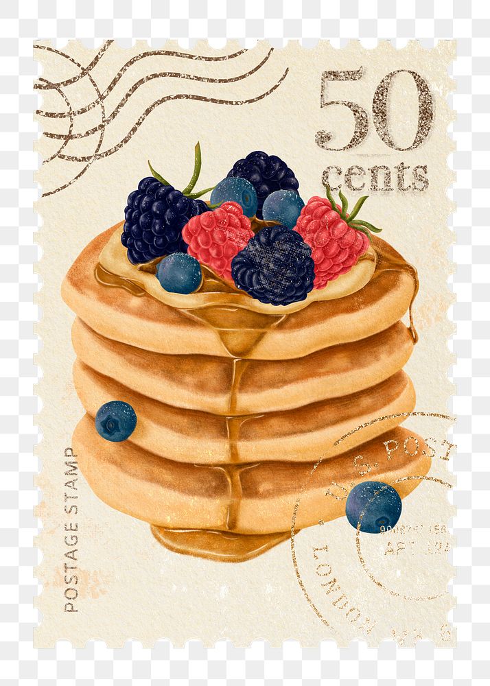 Png pancake post stamp sticker, hand drawn design, transparent background
