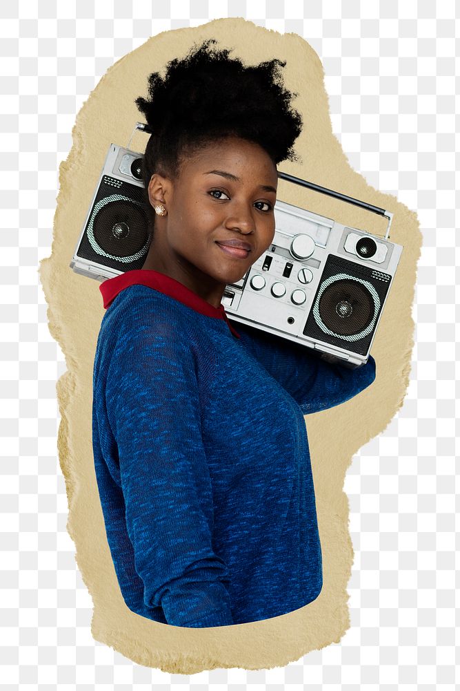 Png Black girl holding radio sticker, ripped paper transparent background