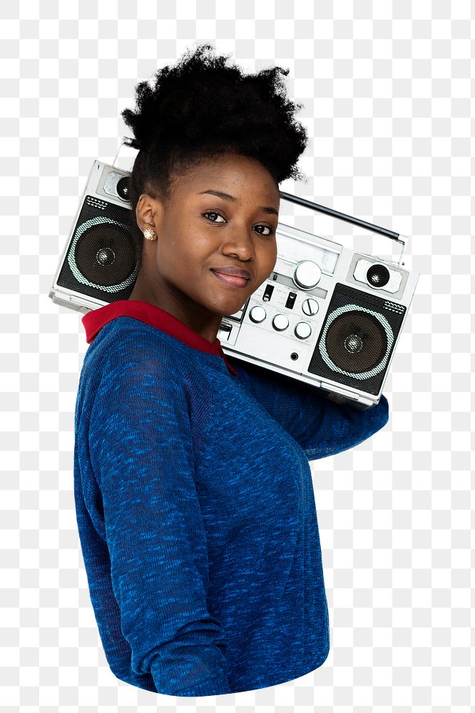 Png Black girl holding radio sticker, transparent background