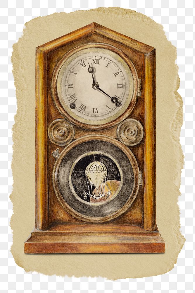 Png Vintage mantel clock sticker, ripped paper transparent background