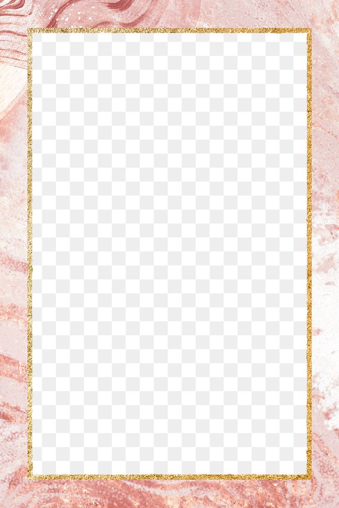 Png rectangular frame pink watercolour marble design, gold, transparent background