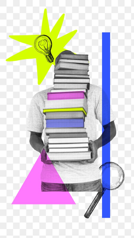 Png man holding book stack sticker, education transparent background