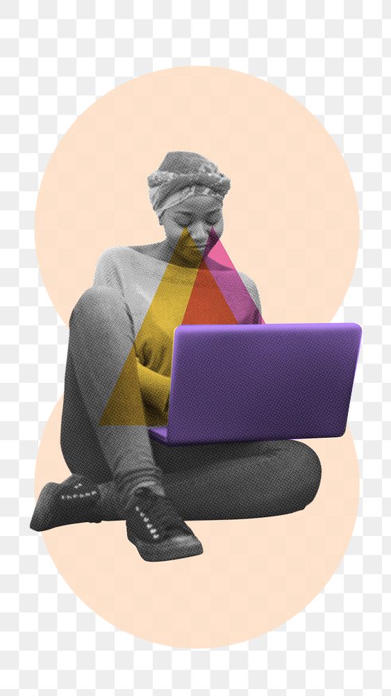 Png woman using laptop sticker, education transparent background