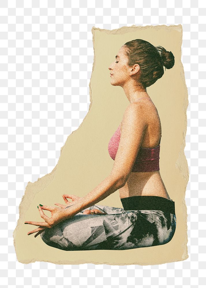 Meditating woman png sticker, ripped paper, transparent background