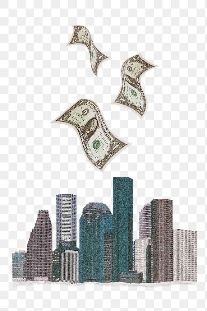 Money flying city png, real estate collage element on transparent background
