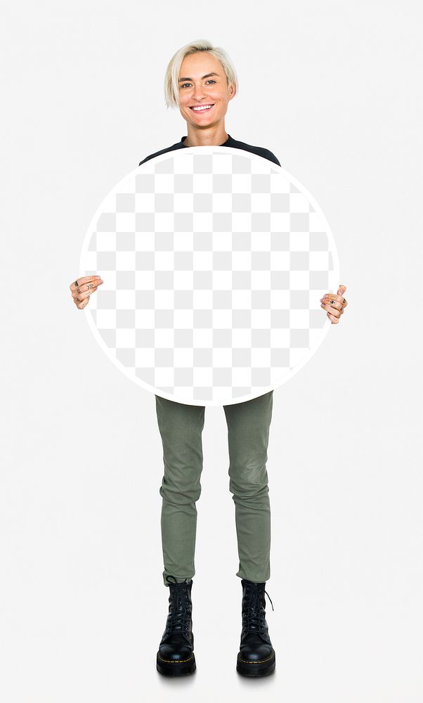 Round board png mockup, transparent design, with happy blonde woman