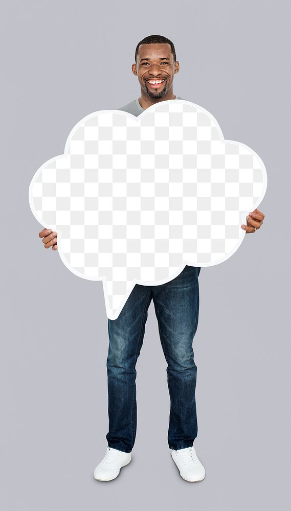 Speech bubble png mockup, transparent design, with happy African American man