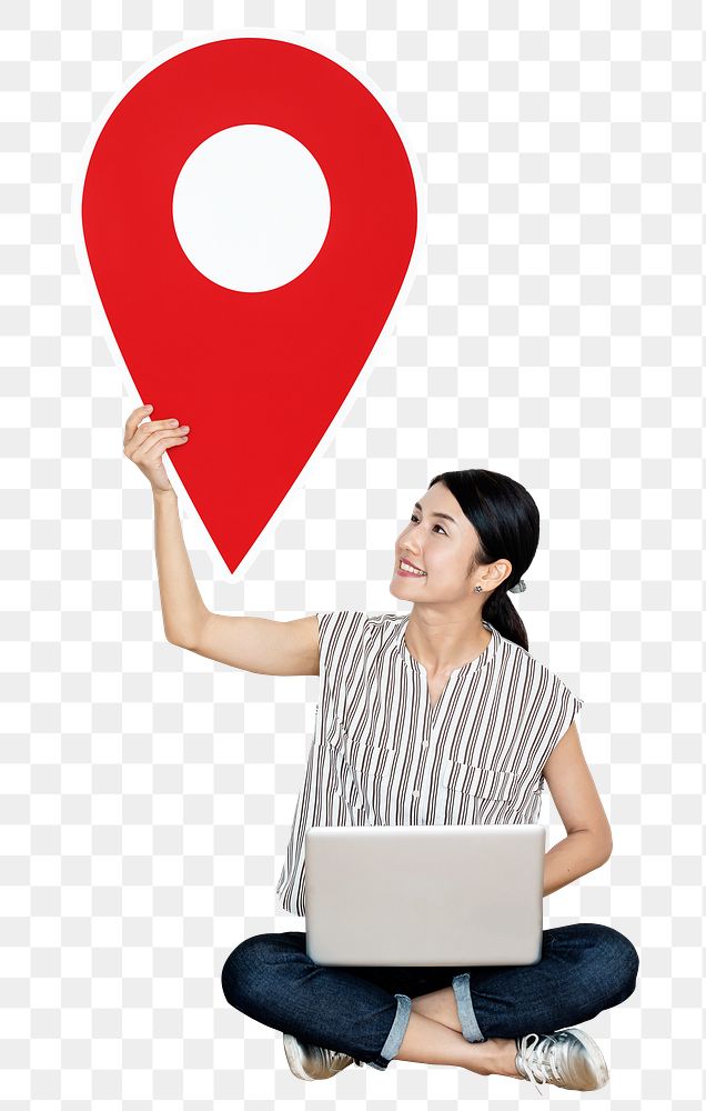 Location pin png sticker, woman with laptop, transparent background