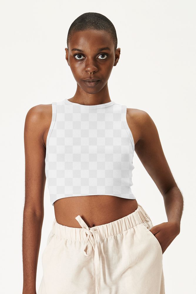 Women's cropped tank top png mockup on a model