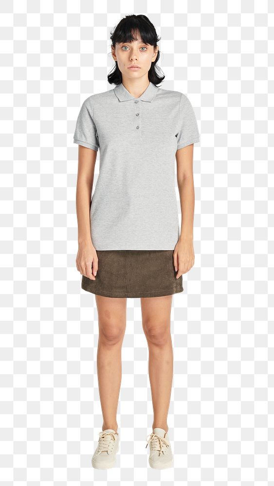 Women's skirt and gray collared shirt png full body mockup