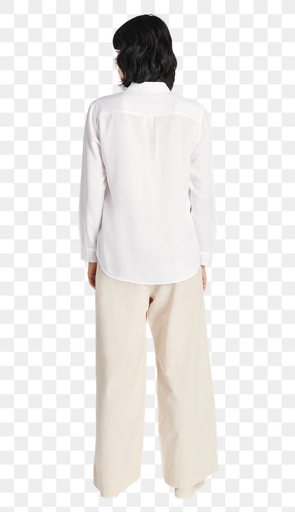 Png women's white long sleeves shirt and beige pants mockup rear view