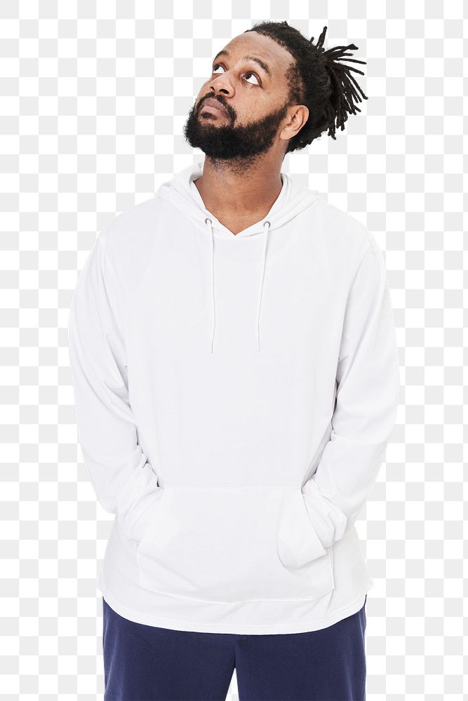 Men's white hoodie mockup png fashion shoot in studio