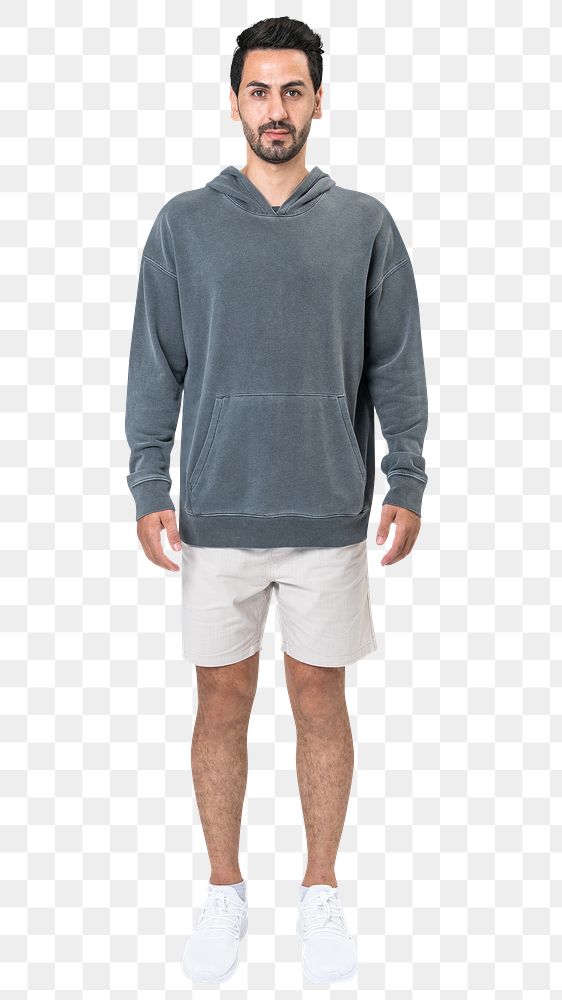 Man png mockup in gray hoodie and shorts street fashion full body