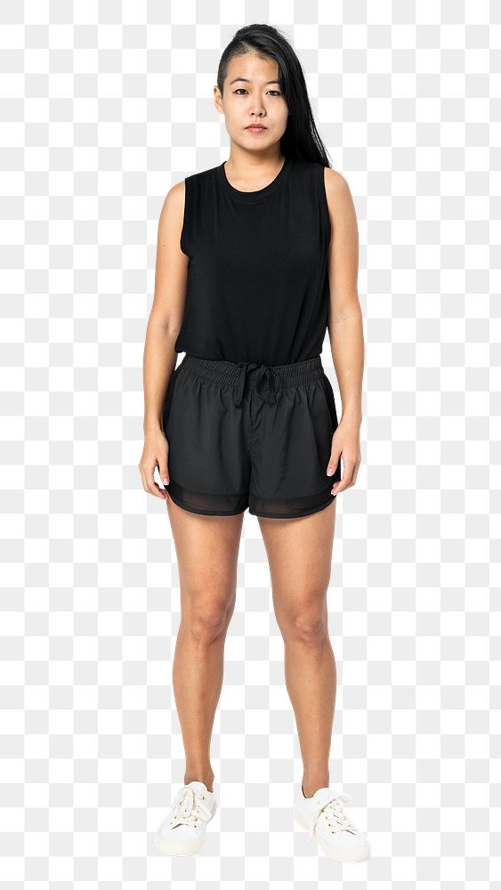 Woman png mockup in black fashionable sportswear outfit full body