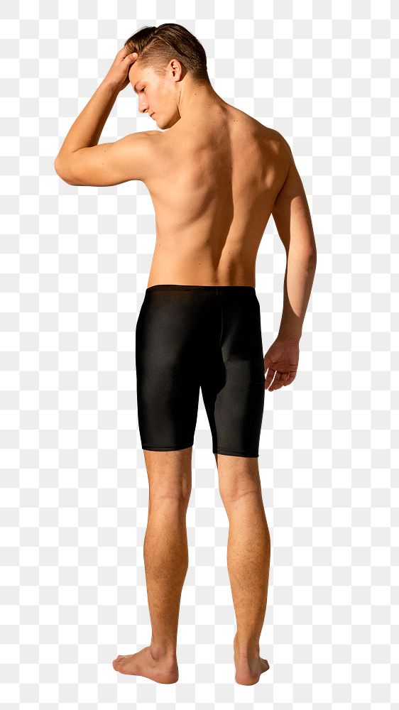 Man png mockup in black swim shorts summer apparel rear view