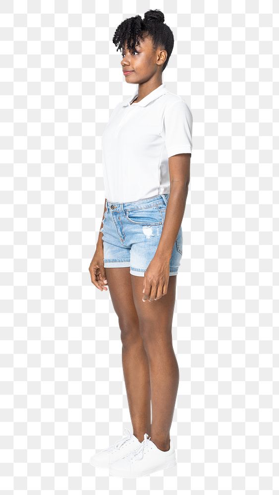 Woman png mockup in white polo shirt with denim shorts casual wear