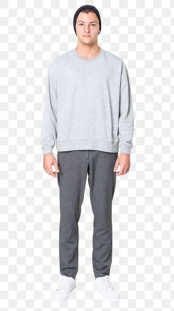 Man png mockup in gray sweater and shorts street fashion full body