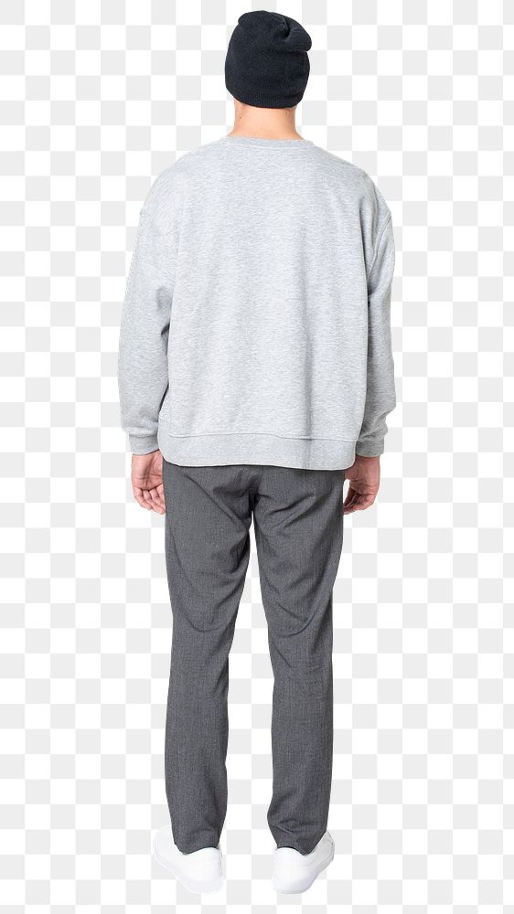 Man png mockup in gray sweater and shorts street fashion full body rear view