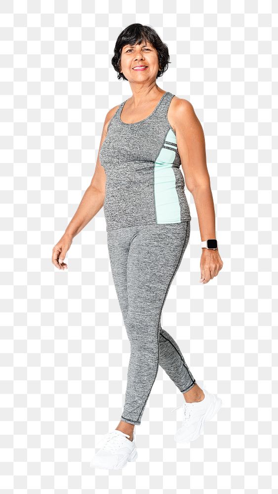 Mature woman png mockup in gray tank top and leggings activewear apparel full body