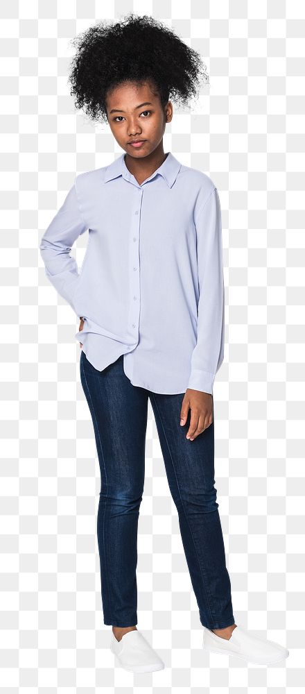 Png teenage girl mockup in light blue shirt for youth fashion photoshoot