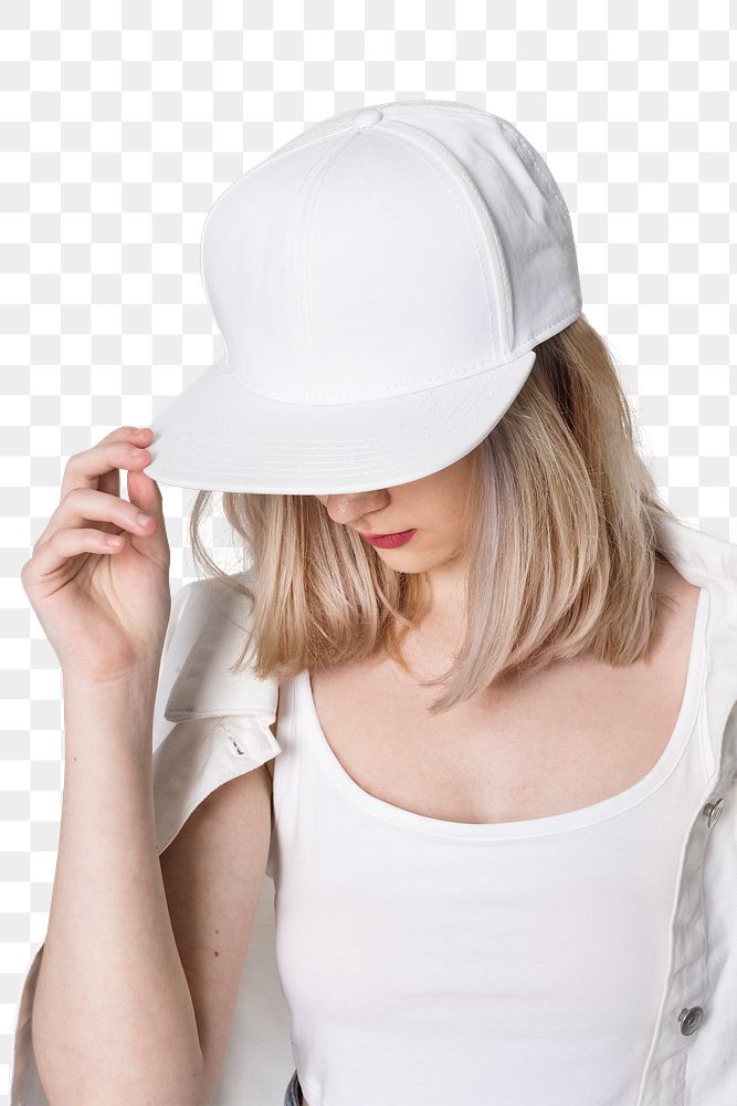 Png girl mockup in white cap for street apparel shoot