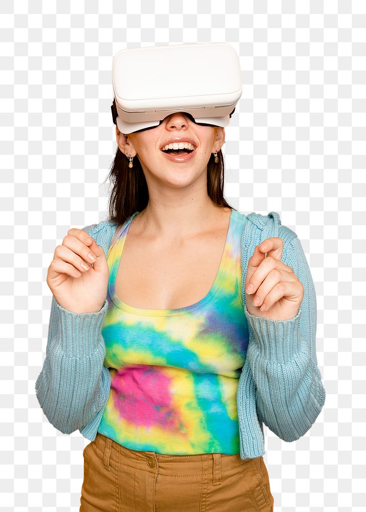 Beautiful woman mockup png having fun with VR headset digital device