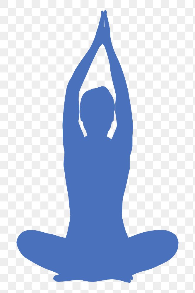 Png yoga lotus pose sticker, blue silhouette transparent background