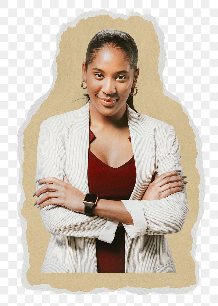 Confident businesswoman png sticker, ripped paper, transparent background