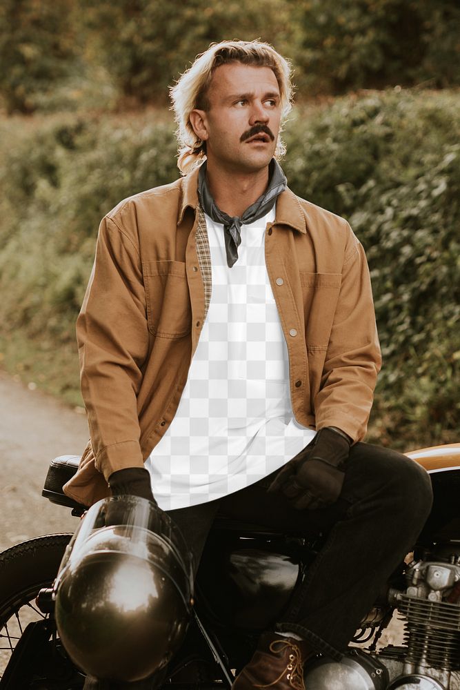 T-shirt png mockup on alternative fashion male on vintage motorcycle