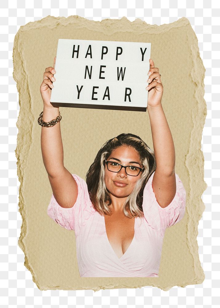 Happy New Year png sticker, ripped paper, transparent background