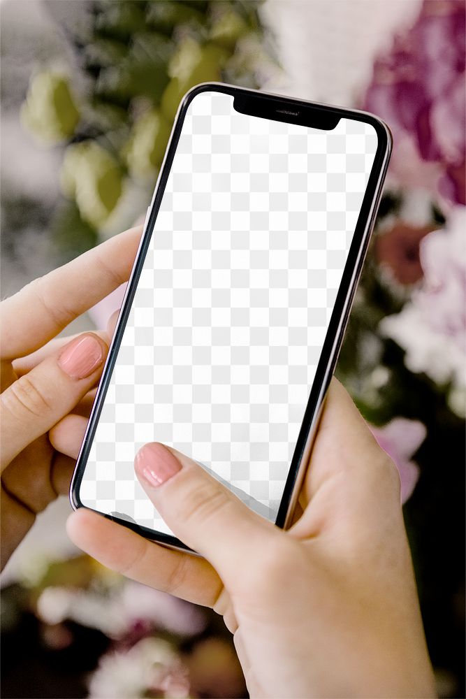 Phone screen png mockup, woman hands, transparent design