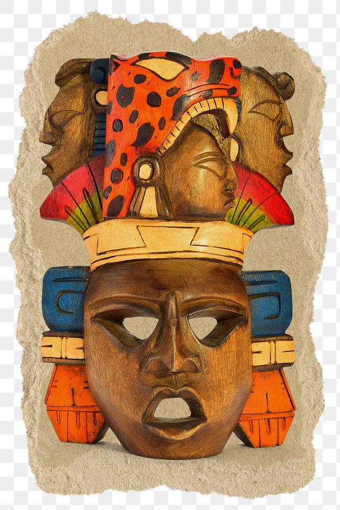Png carved Mayan mask sticker, ripped paper on transparent background