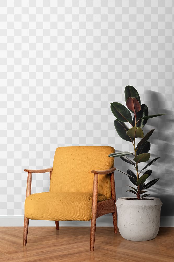 Wall png mockup, yellow armchair, transparent design
