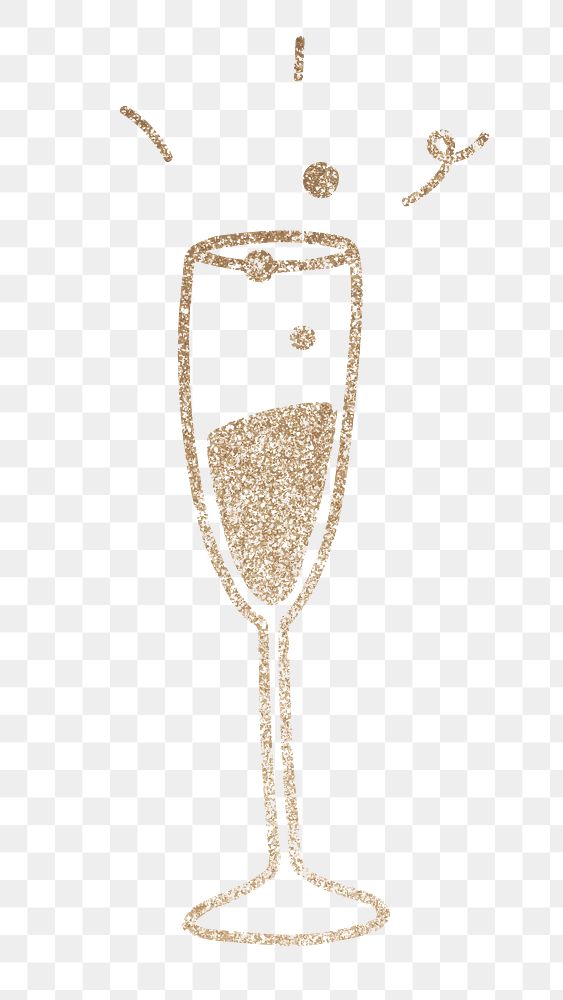 Champagne glass png sticker, gold glitter design, transparent background