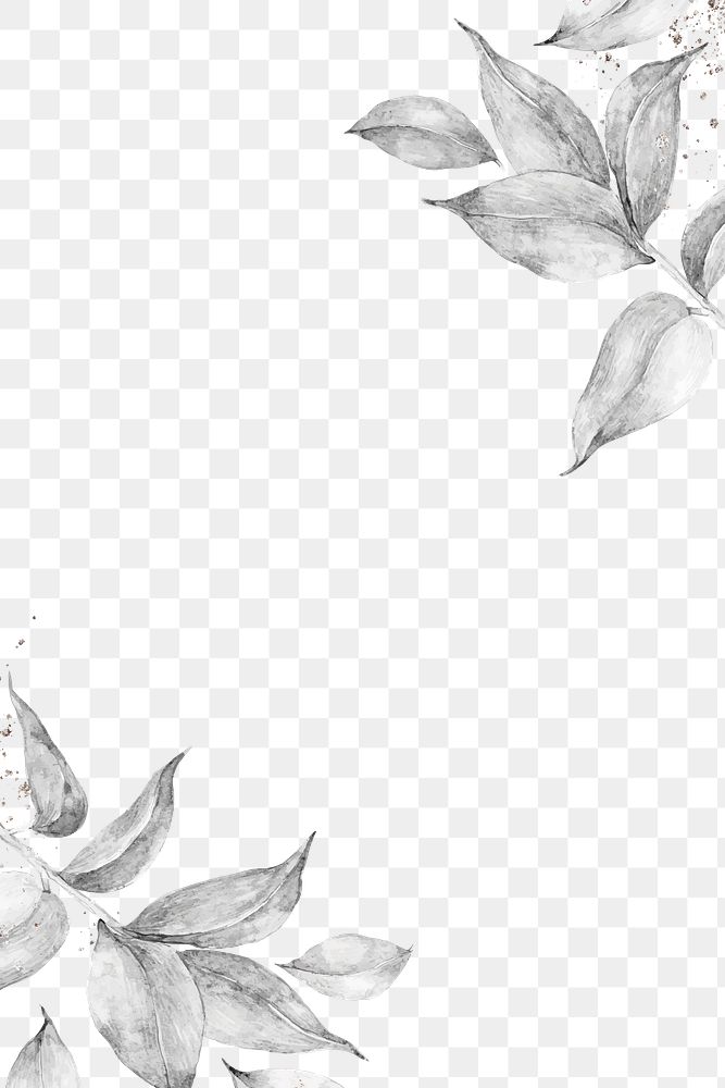 Gray leaf png border, watercolor design, transparent background