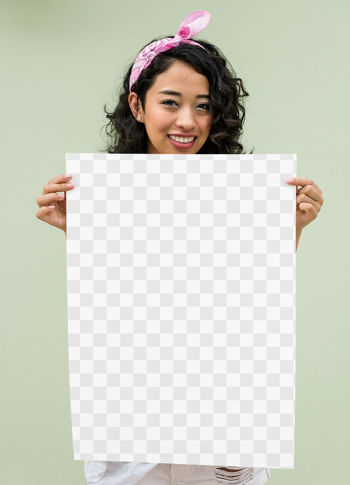 Poster png mockup, woman holding, transparent design