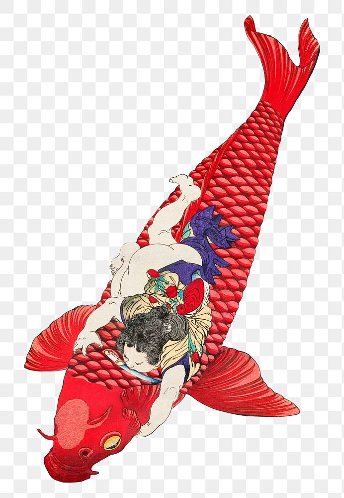 Png goy riding Japanese Koi fish, transparent background. Remastered by rawpixel. 
