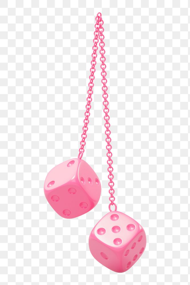 Png pink dice & chain sticker, 3D rendering, transparent background