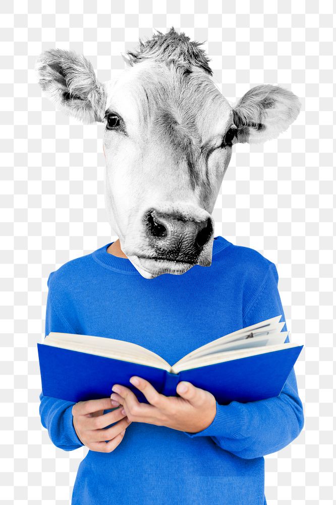 Cow-headed png man sticker, reading book, transparent background