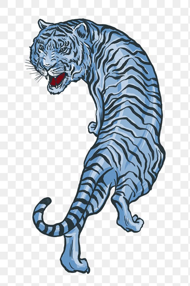 Roaring tiger png sticker, blue vintage animal illustration, transparent background