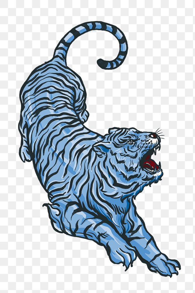 Roaring tiger png sticker, blue vintage animal illustration, transparent background