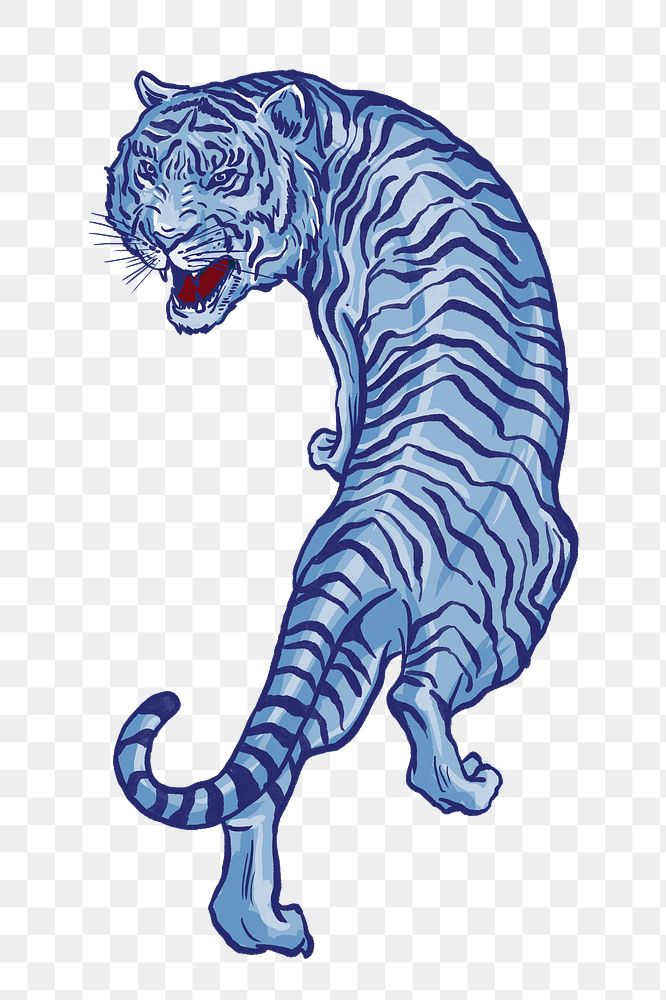 Roaring tiger png sticker, blue vintage animal illustration, transparent background