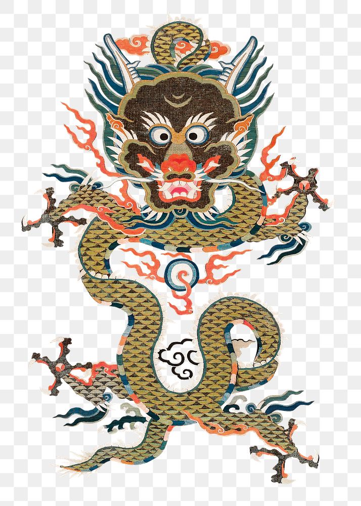 Chinese embroidered dragon png, mythological animal , transparent background. Original public domain image. Digitally…