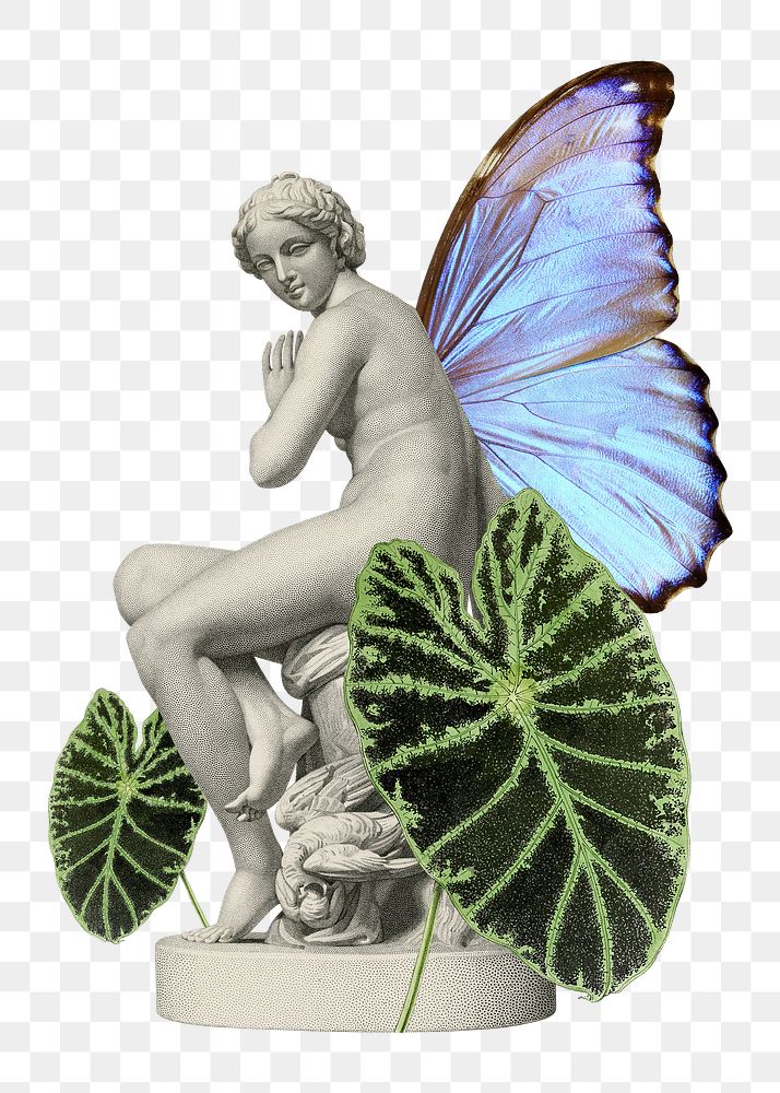 Png greek goddess statue sticker, botanical remix, transparent background