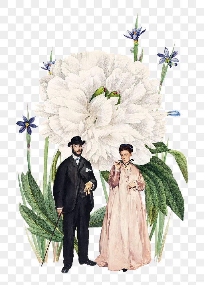 Png vintage couple illustration sticker, botanical remix, transparent background