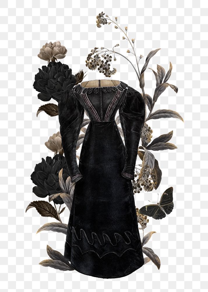Png vintage dress sticker, botanical remix, transparent background