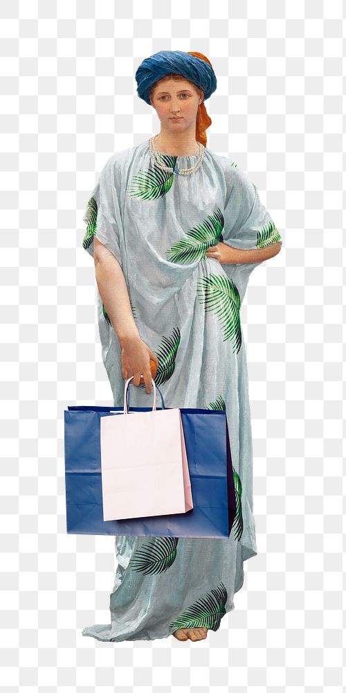 Vintage woman png sticker, holding shopping bags, transparent background