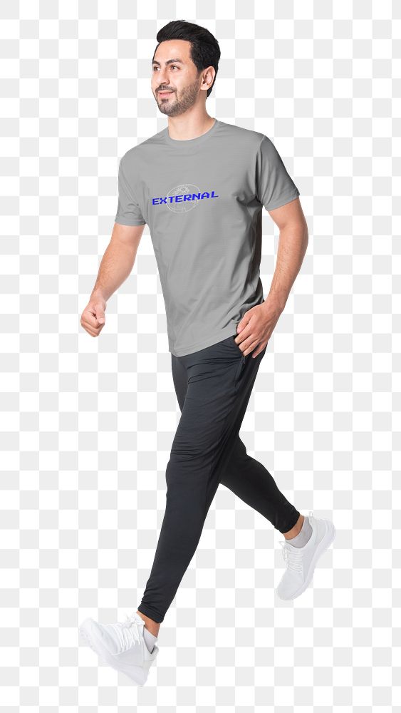 Sporty man png sticker, walking in t-shirt, sweatpants, transparent background