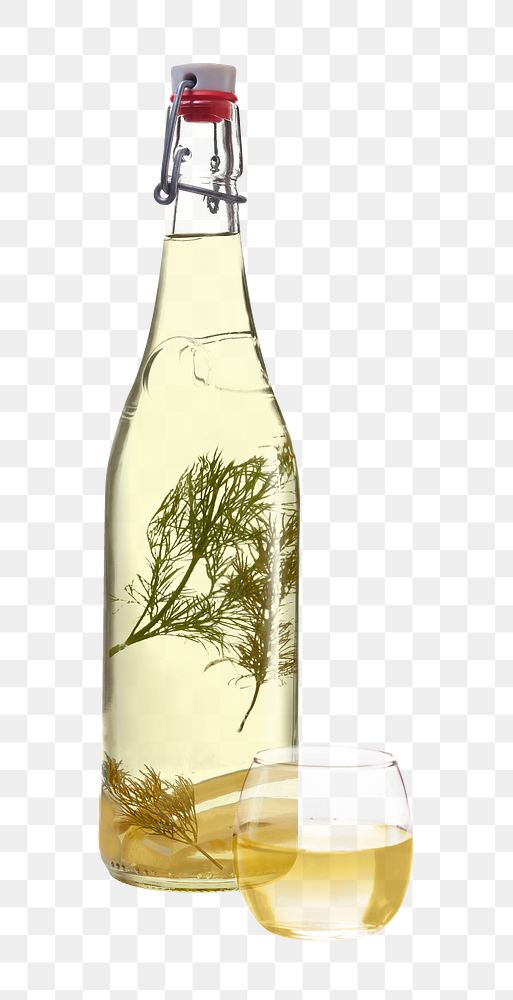 Png infused herb schnaps glass bottle sticker, transparent background