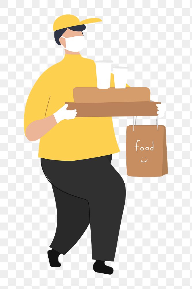 Food delivery man png holding bags, transparent background